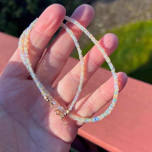 Rainbow Natural Untreated Welo Opal Necklace Handmade Solid 14K Yellow Gold - Picture 7 of 11